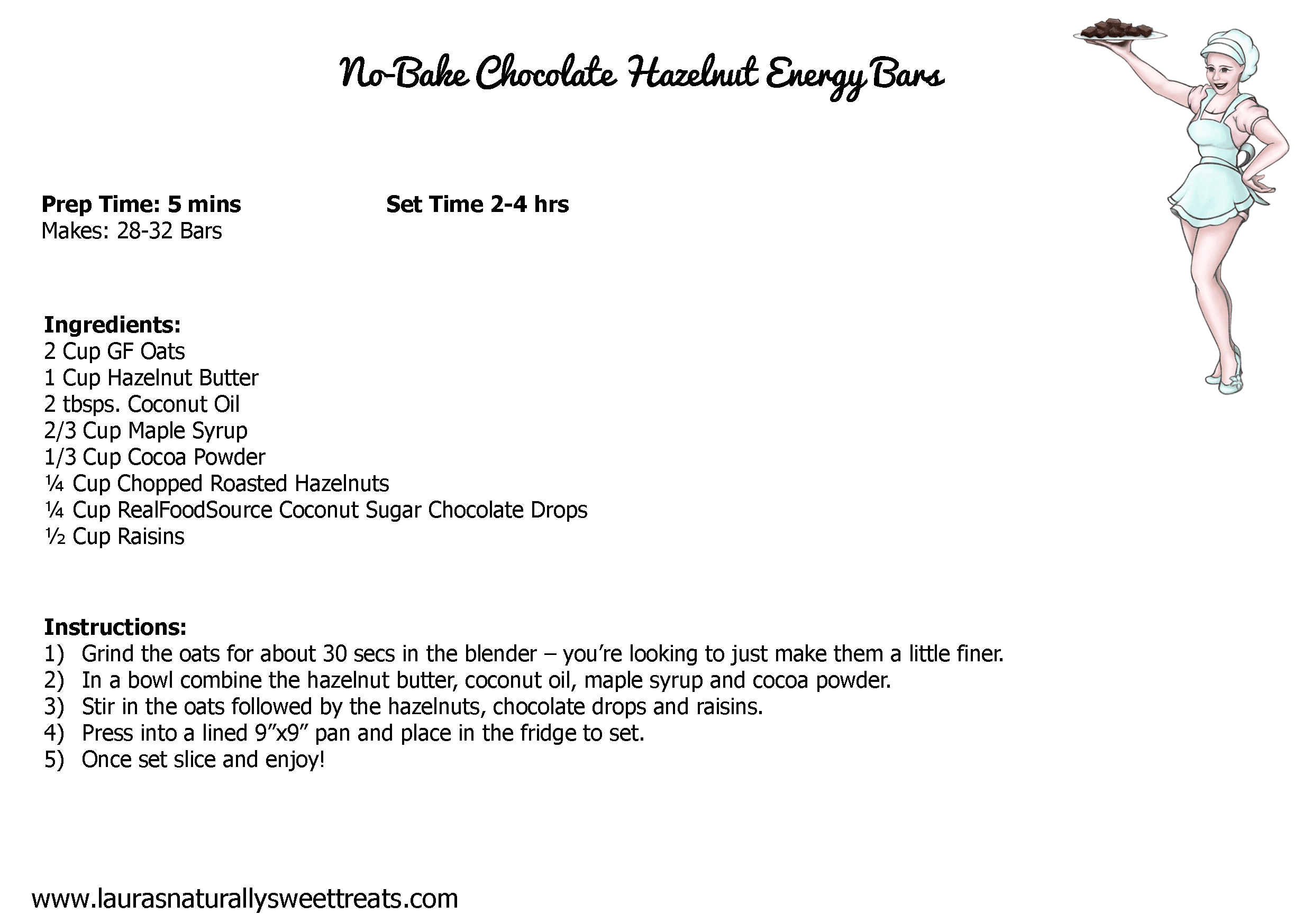 no bake chocolate hazelnut energy bars recipe card
