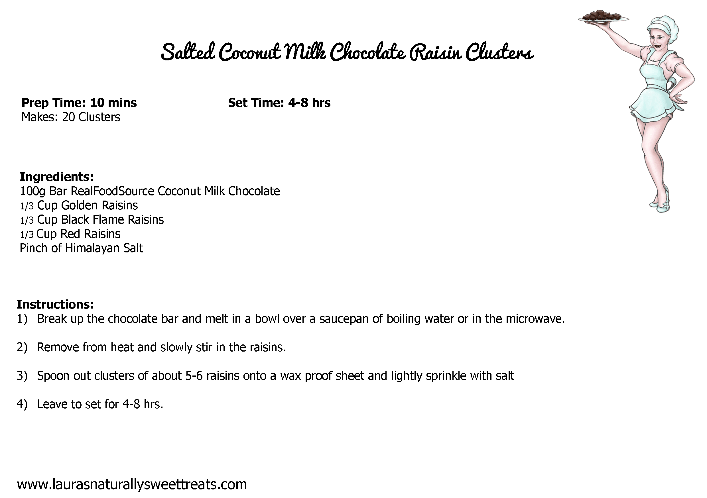 salted coconut milk chocolate raisin clusters recipe card
