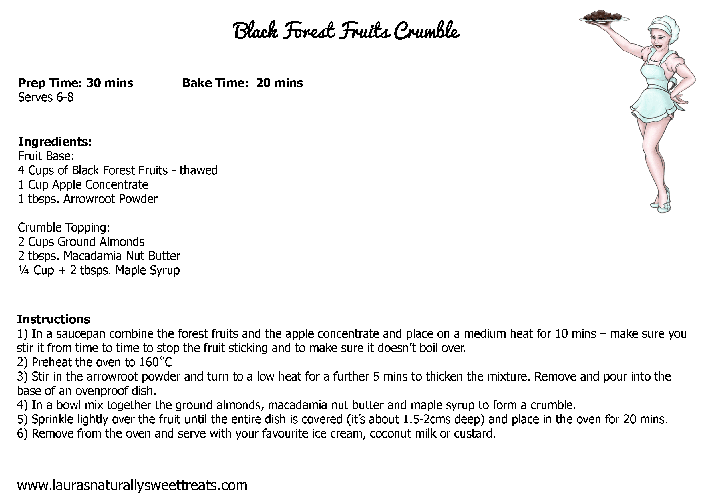black forest fruits crumble recipe card