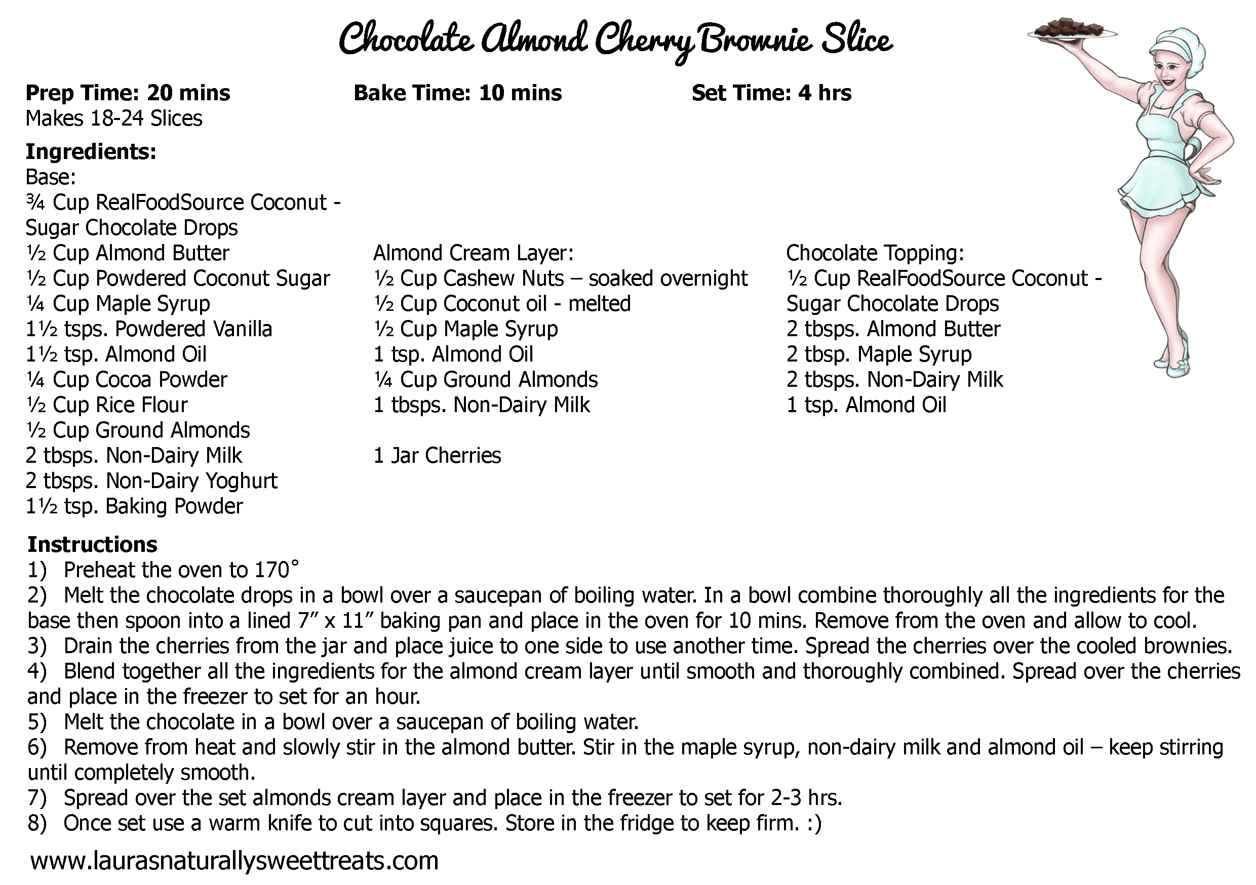 chocolate almond cherry brownie slice recipe card