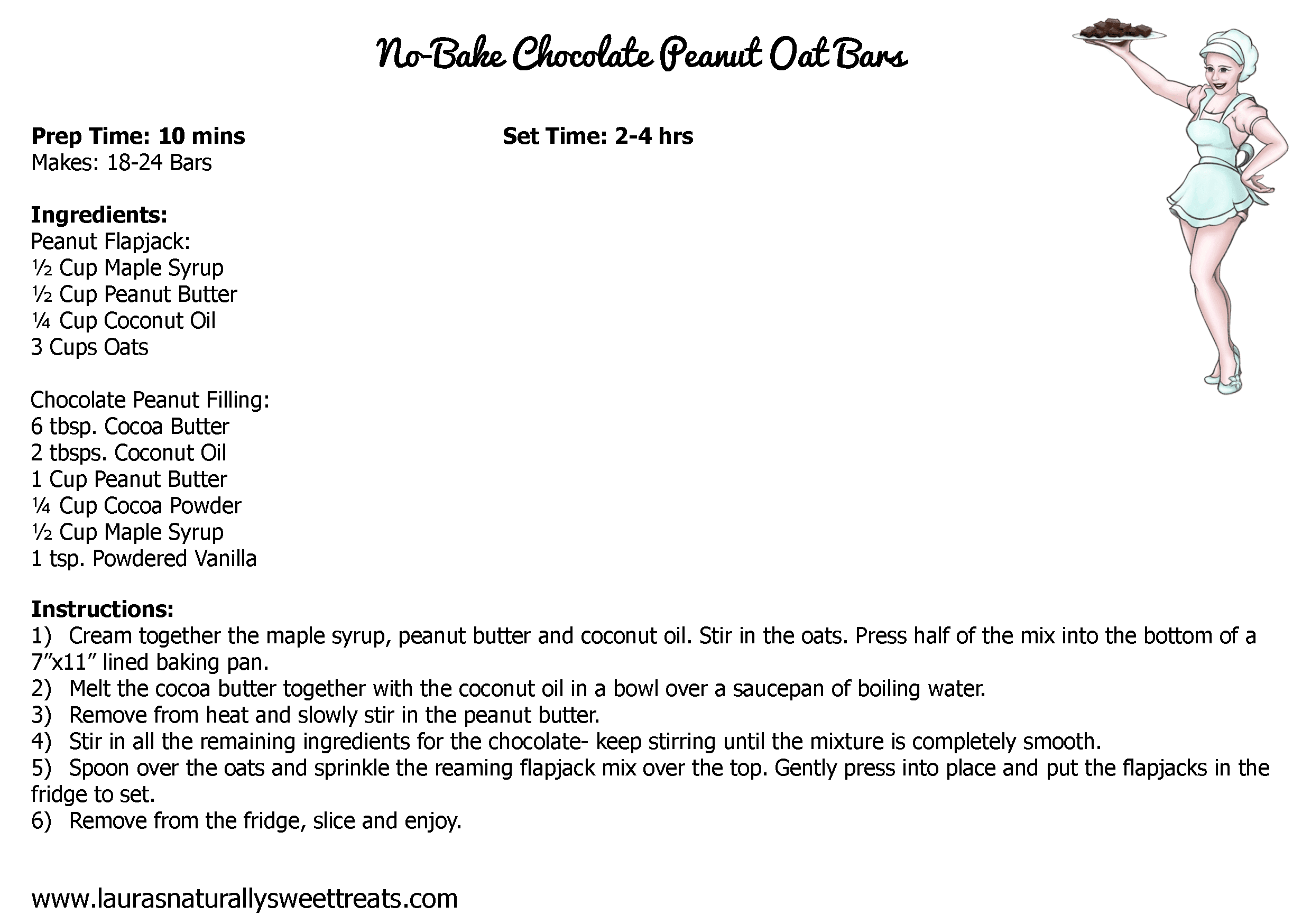 no bake chocolate peanut oat bars recipe card