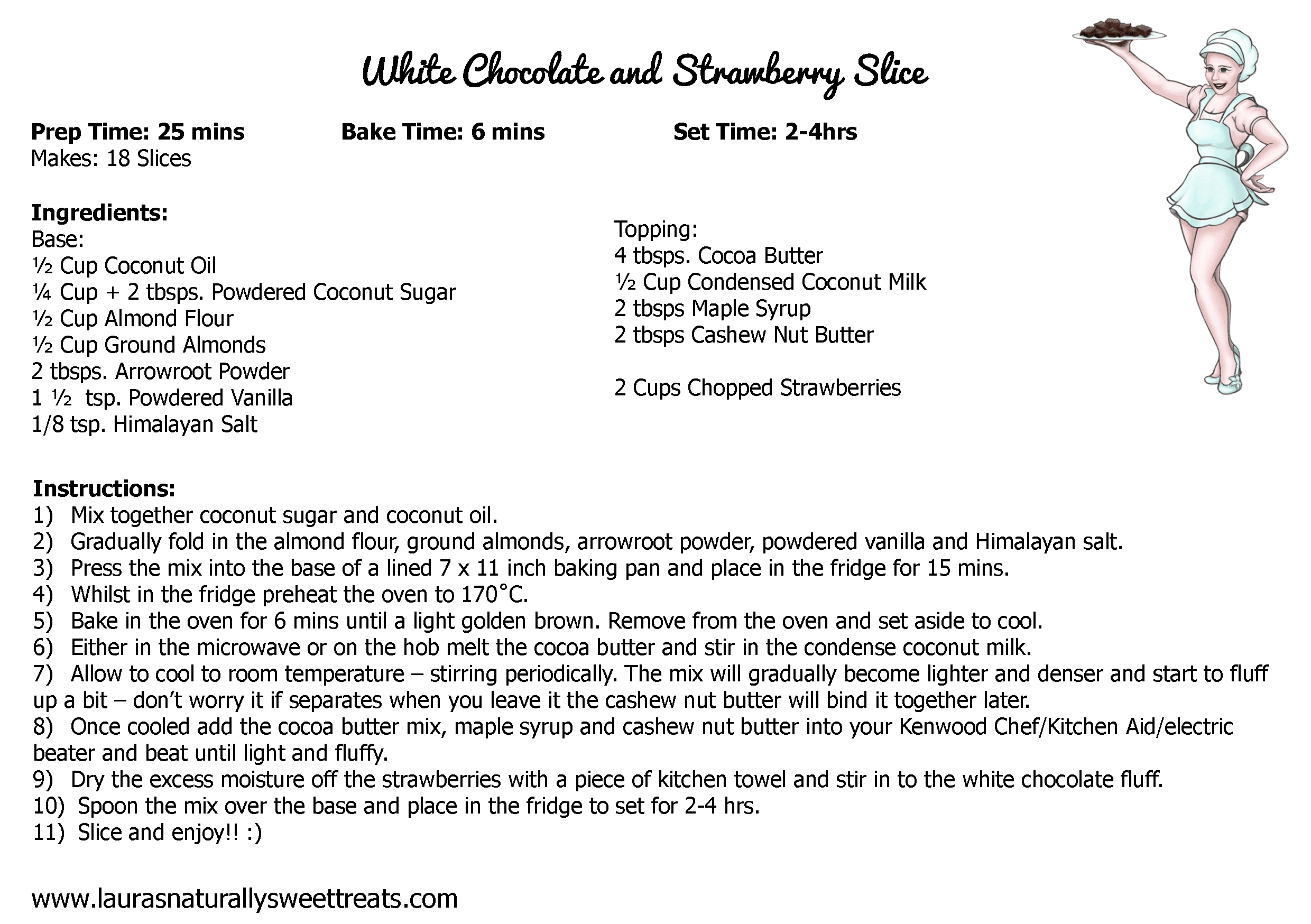 white chocolate and strawberry slice recipe card