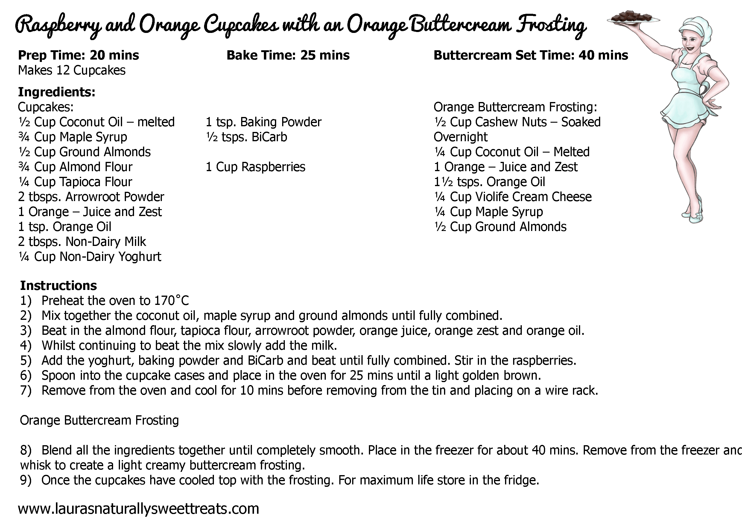 raspberry and orange cupcakes with an orange buttercream frosting recipe card