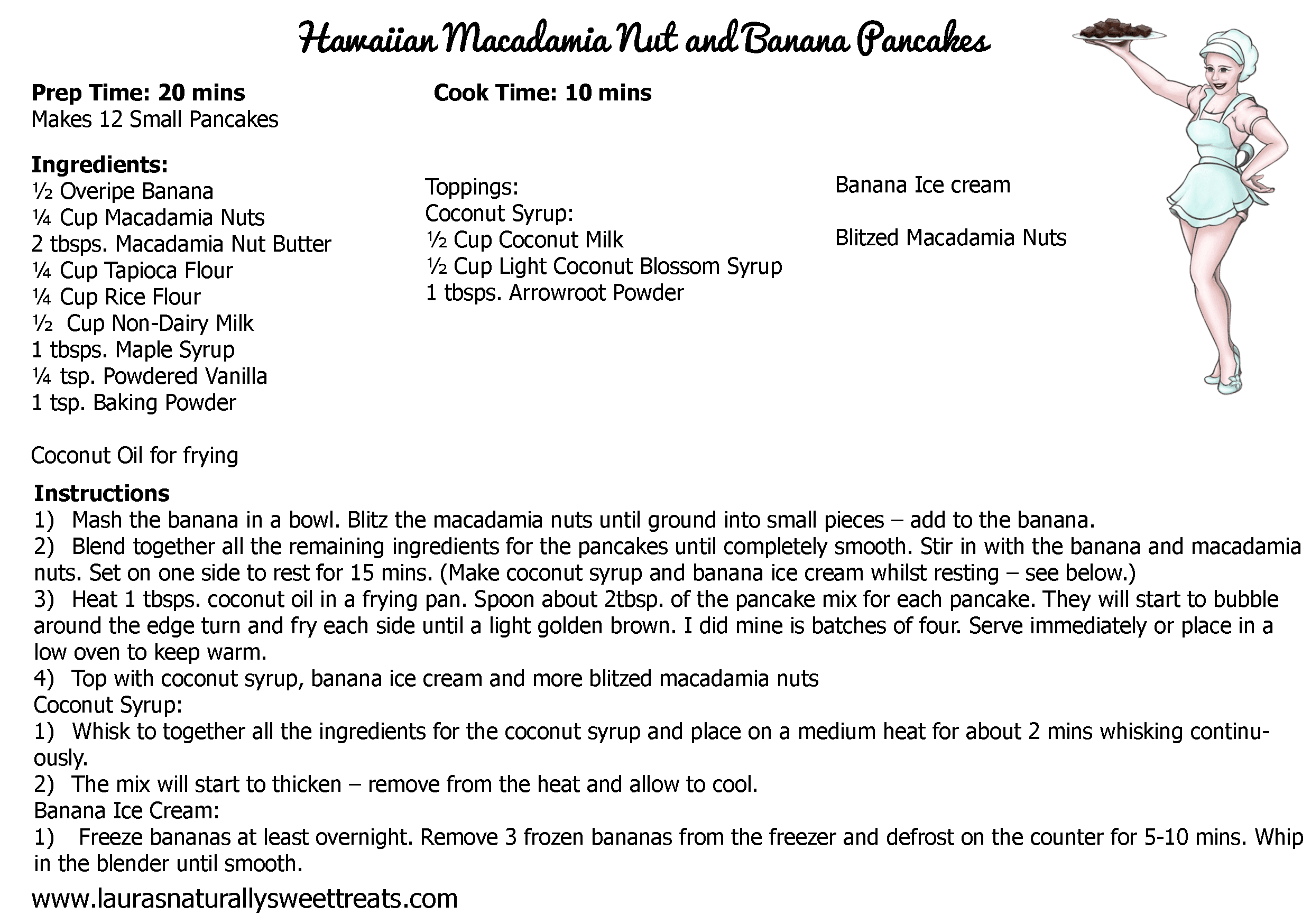 hawaiian macadamia nut and banana pancakes recipe card
